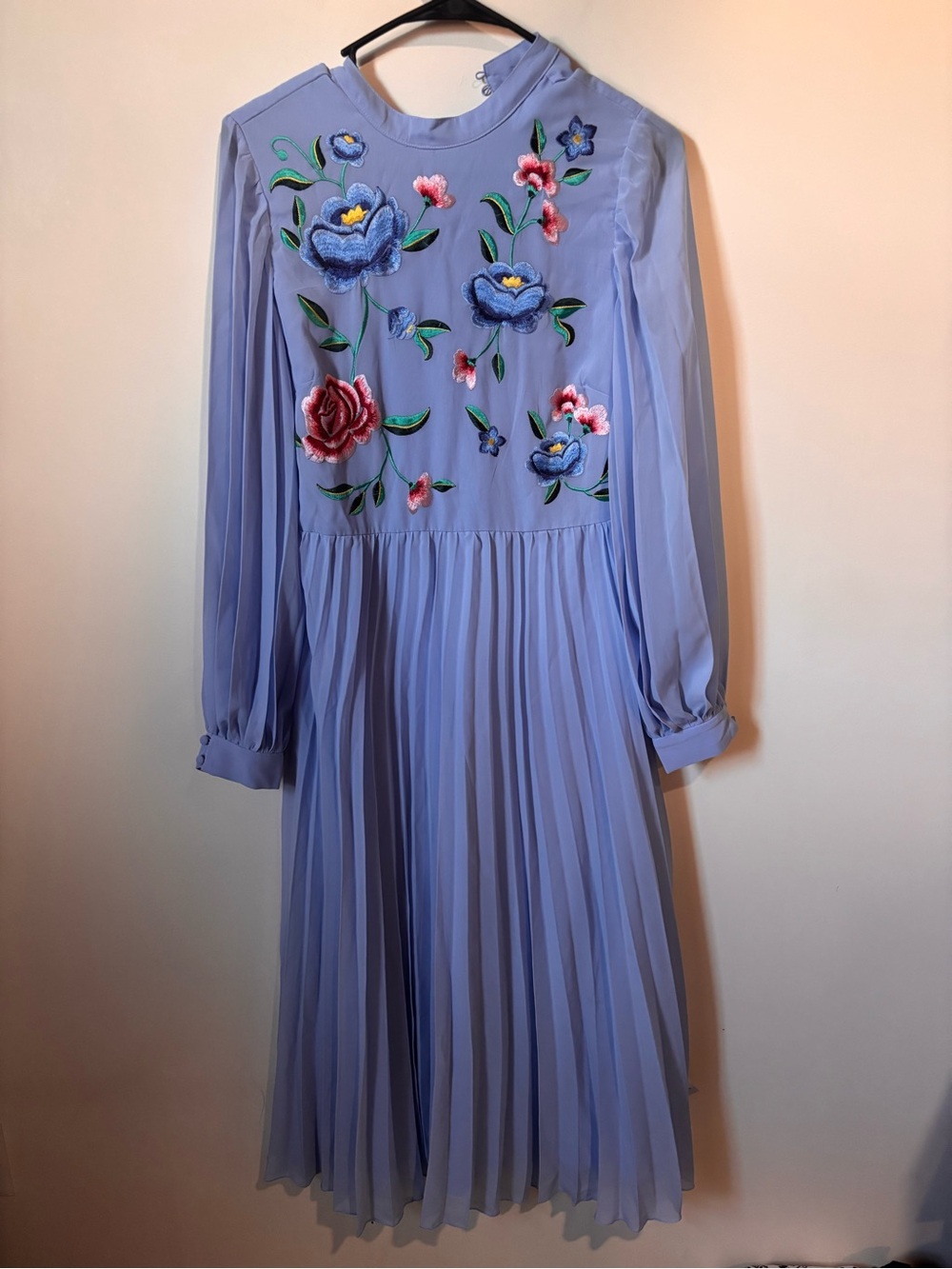 ASOS Lavender Floral Embroidered Pleated Long Sleeve Dress